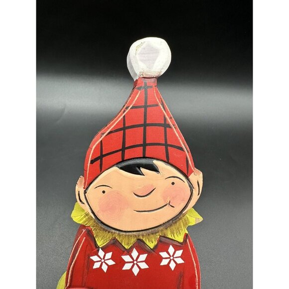 Christmas Elf Decoration Wood Figurine Laura Benge Freddy Wreath Pixie Kitsch - Picture 8 of 10